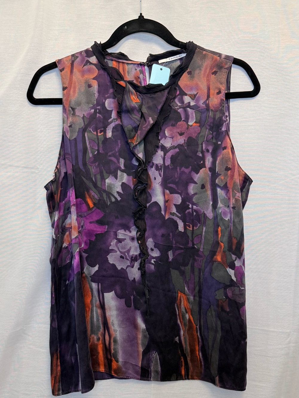 100% Silk Sleeveless Floral Ruffle Front Top - Purple Multi